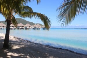 A view of the beach, lagoon and bungalows at Le Meridien resort in Bora Bora, on Oct. 30, 2016.