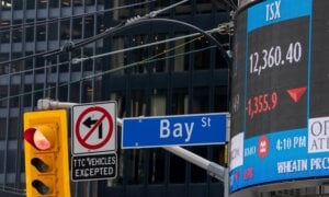 A sign board in Toronto displays the TSX close on Monday March 16, 2020.