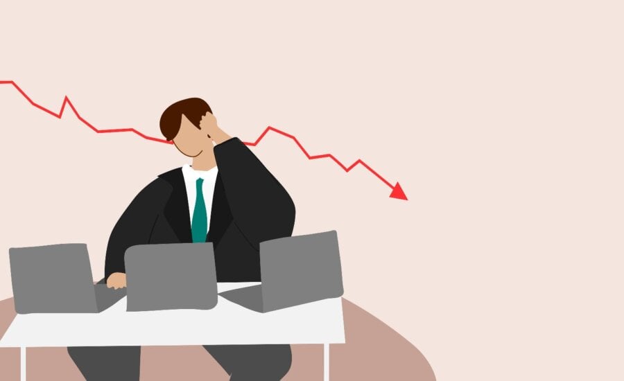 Illustration of business man reacting to falling stock market