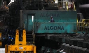 A worker is shown at Algoma Steel in Sault Ste. Marie, Ontario on Friday, April 25, 2025