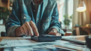 Person sitting at a desk using a calculator