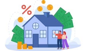 Illustrating of couple standing in front of a house with money