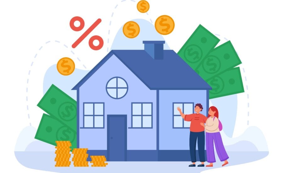 Illustrating of couple standing in front of a house with money