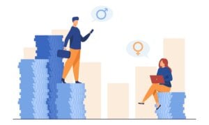 Illustration of a man standing on more money than a woman, representing a pay gap.