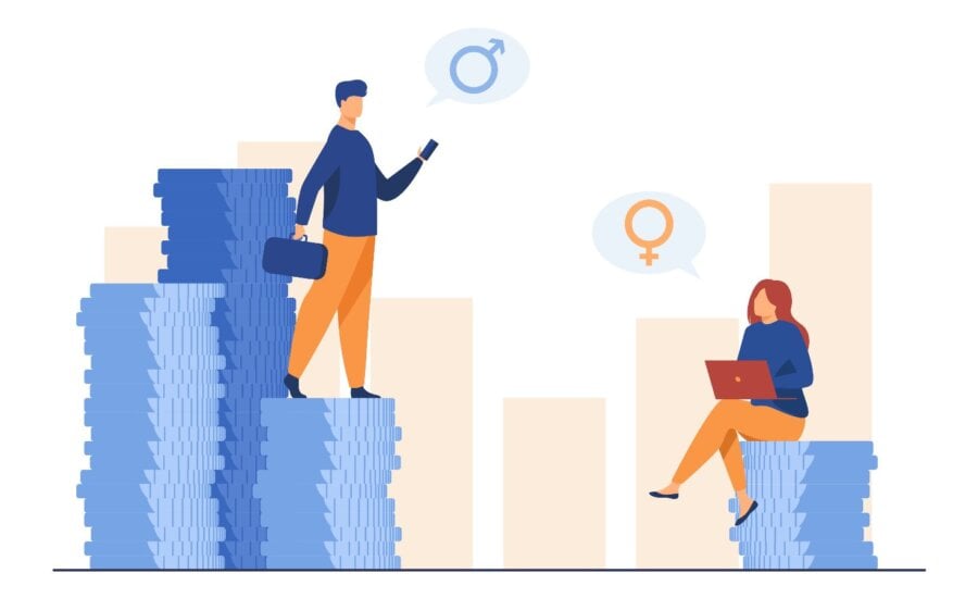 Illustration of a man standing on more money than a woman, representing a pay gap.