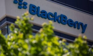 The BlackBerry logo located in the front of the company's B building in Waterloo, Ont. on Tuesday, May 29, 2018.