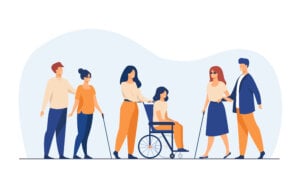 Illustration of volunteers helping people with various disabilities