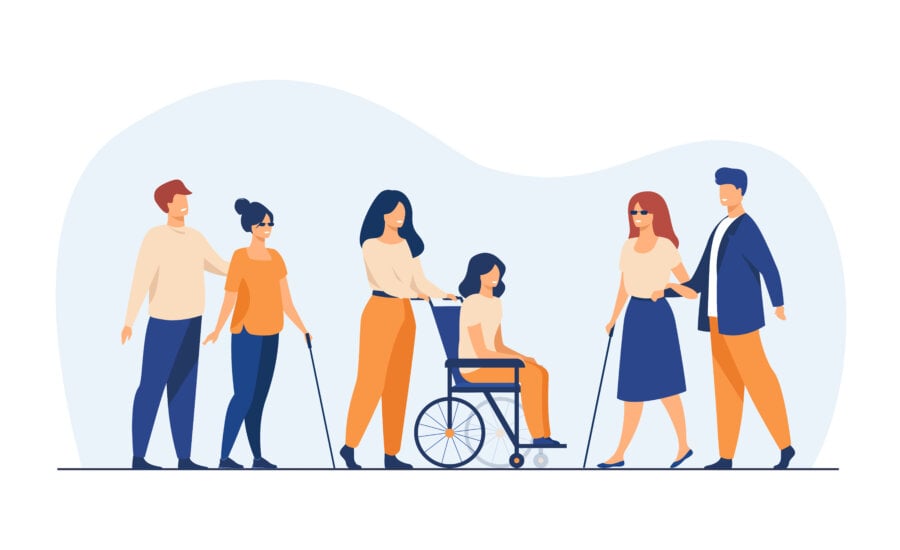 Illustration of volunteers helping people with various disabilities