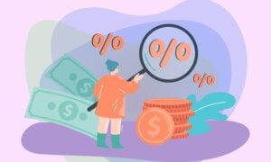 Illustration of woman with magnifying glass, money, and percentage signs.