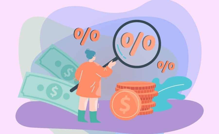 Illustration of woman with magnifying glass, money, and percentage signs.