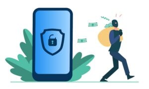 Criminal hacking personal data and stealing money. Hacker carrying bag with cash from unlock phone flat vector illustration. Fraud, security concept for banner, website design or landing web page