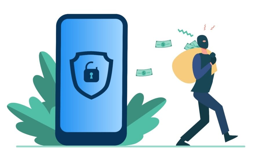 Criminal hacking personal data and stealing money. Hacker carrying bag with cash from unlock phone flat vector illustration. Fraud, security concept for banner, website design or landing web page