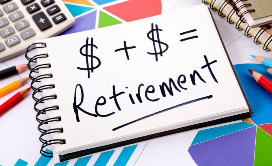 Simple retirement formula written on a notepad surrounded by graphs, charts, calculator, books and pencils.
