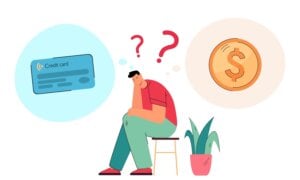 Male cartoon character thinking about credit card and coin. Man choosing between cash and debit card flat vector illustration. Finances, banking concept for banner, website design or landing web page