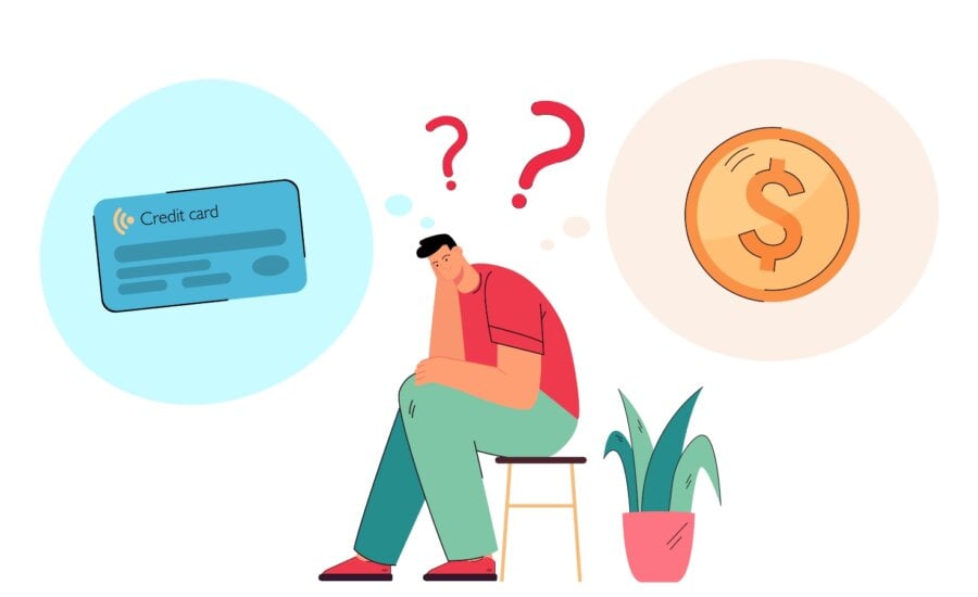 Male cartoon character thinking about credit card and coin. Man choosing between cash and debit card flat vector illustration. Finances, banking concept for banner, website design or landing web page
