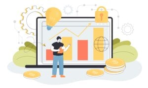 Tiny person with modern fintech or finance services method. Tablet for investing in startups or foreign currency online flat vector illustration. Economy, digital technology for business concept