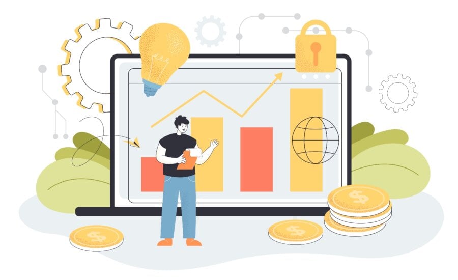 Tiny person with modern fintech or finance services method. Tablet for investing in startups or foreign currency online flat vector illustration. Economy, digital technology for business concept