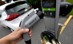 An electric vehicle charger is seen in Ottawa on June 27, 2023.