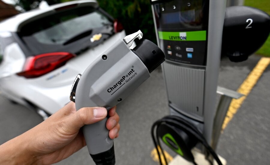 An electric vehicle charger is seen in Ottawa on June 27, 2023.