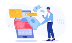 E-wallet Money transfer concept. Mobile wallet Internet banking, e wallet and credit card or mobile app for accounting and investments Safe online internet transaction. Vector illustration