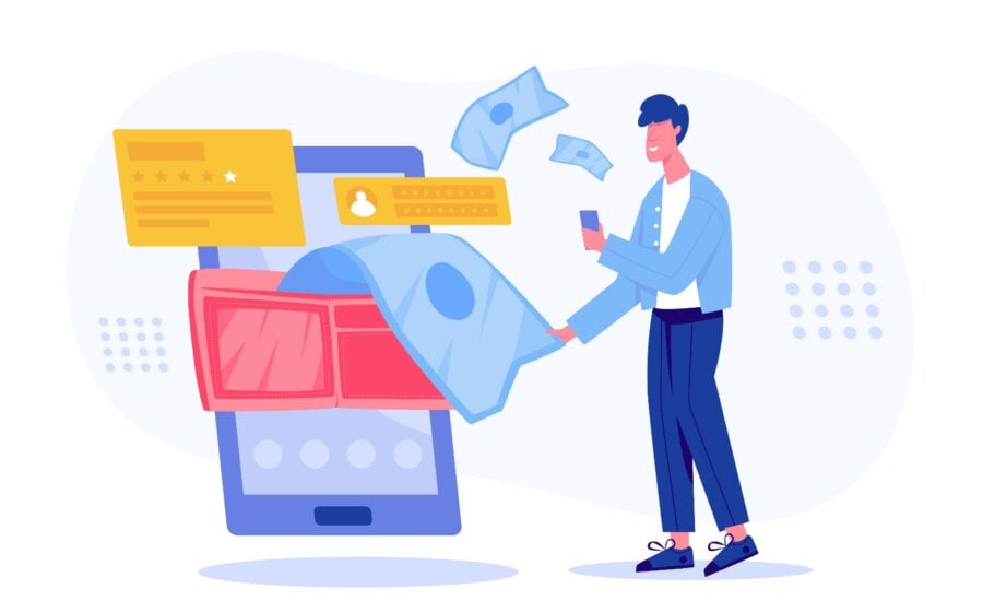 E-wallet Money transfer concept. Mobile wallet Internet banking, e wallet and credit card or mobile app for accounting and investments Safe online internet transaction. Vector illustration