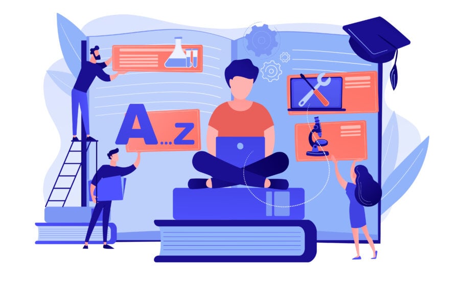 Student centered education, knowledge gaining, remote graduation. Bite-sized learning, learn at own pace, flexible learning process concept. Pinkish coral bluevector isolated illustration