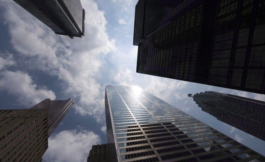 Bank towers are shown from Bay Street in Toronto's financial district, on Wednesday, June 16, 2010.