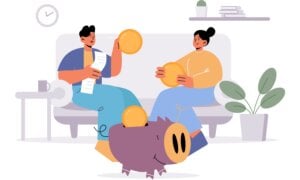 Couple plan family budget, manage finance for save money. Vector flat illustration of house interior with piggy bank, man and woman hold coins and financial bill and planning home economy