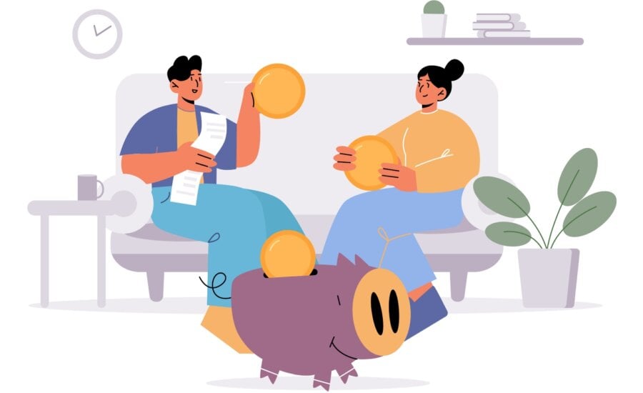 Couple plan family budget, manage finance for save money. Vector flat illustration of house interior with piggy bank, man and woman hold coins and financial bill and planning home economy