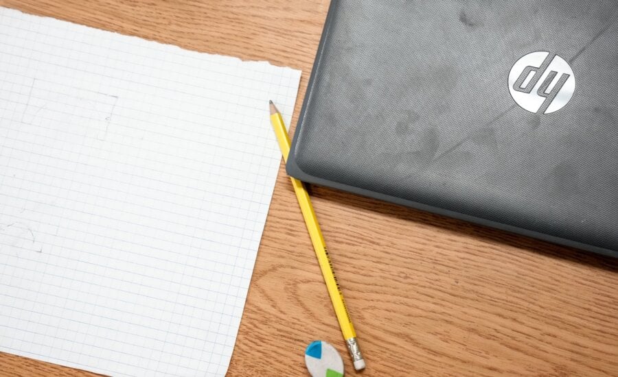 A student's TDSB laptop sits on their desk at an elementary school in Toronto on Tuesday, January 9, 2024.
