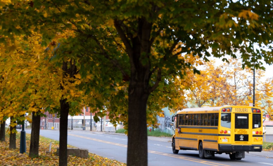 A school bus drives down a street in Montreal, Thursday, Oct. 24, 2024.