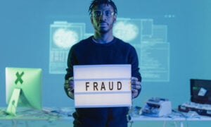 Man is seen holding a sign that reads fraud.