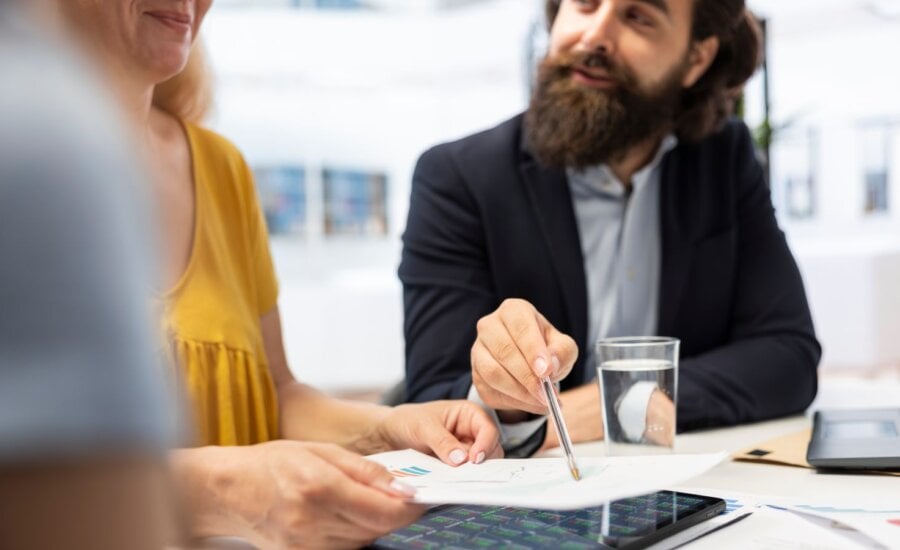 Man and woman working at a table