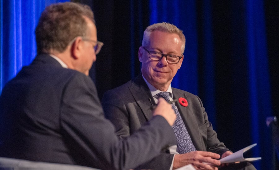 TMX Group Ltd. CEO John McKenzie fields questions on stage at the ASC Connect conference in Calgary, on Tuesday, Oct. 27, 2026, in this handout photo.